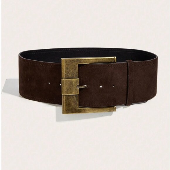 Square Buckle Thick Vegan Leather Belt Brown - Picture 2 of 6